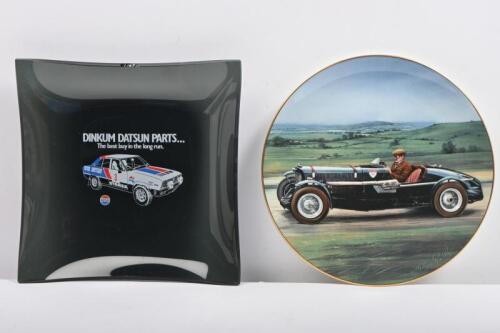 PLATE/ASHTRAY: Two car and motor sport related items. Limited Edition 1992 COALPORT CLASSIC CARS ASTON MARTIN 1935 ULSTER, numbered 842 of 10,000. 'DINKUM DATSUN PARTS...' glass ashtray