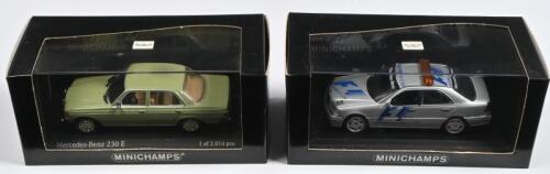 MERCEDES-BENZ: Two 1:43 scale MINICHAMPS Mercedes-Benz models. Mercedes-Benz 230 E in green, Limited Edition of 2,016 pieces & AMG C63 Formula 1 Doctors Car as prepared for 1997 Australian Formula 1 Grand Prix