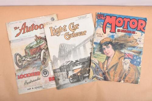 EARLY MOTORING MAGAZINES: Three early motoring magazines. 2nd March 1914 issue of 'The Light Car and Cyclecar' (Vol.III No.67), 'The MOTOR IN AUSTRALIA' magazine, dated June 2, 1924 (VOL. 24-No. 6) & 'The Autocar' magazine from April 24th 1942 (Vol. LXXX