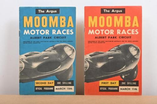 MOOMBA: Two official racing programmes for Moomba races at Albert Park. First and Second Day "ARGUS MOOMBA MOTOR CAR RACES - ALBERT PARK CIRCUIT" Official Programmes from 11th March and 18th March, 1956