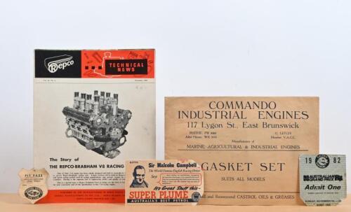 AUSTRALIAN MOTOR RACING/MOTORING: A collection of Australian motor racing and motoring items. November 1965 (Vol.12, No.2) issue of 'Repco - TECHNICAL NEWS' detailing the Repco-Brabham V8 Racing engine & 1982 AUSTRALIAN GRAND PRIX - Admit One' ticket - No