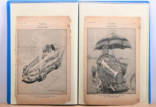 CARICATURES: A folder housing a collection of black and white pictures, and caricatures, by 'The Motor' and 'The Autocar'. 'GREAT DRIVERS IN ACTION' pictures by George C. Monkhouse, including Tazio Nuvolari in a 12 cylinder Alfa Romeo, Louis Chiron racing