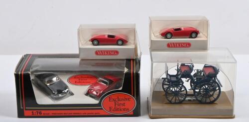 MG/BENZ: A collection of small scale models. 1:76 scale Exclusive First Editions car set consisting of a Austin-Healey Sprite (Ref : 11504) in red, with MGB ROADSTER (Ref : 11704) in black & 1:43 scale WIKING 1886 Daimler-Benz in dark blue