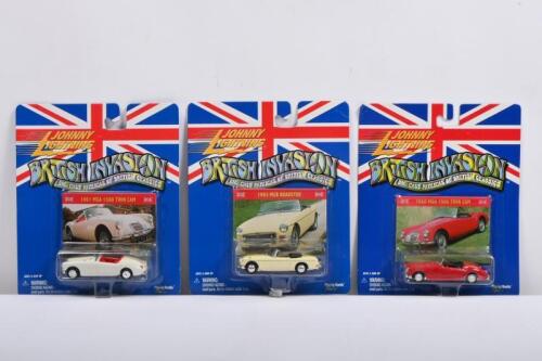 MGA: Three JOHNNY LIGHTNING BRITISH INVASION DIE-CAST REPLICAS OF BRITISH CLASSICS. MGA & MGB models