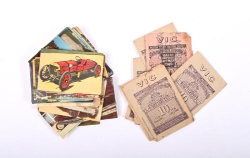 RATION TICKETS/NESTLE PICTURES: A group of motoring items. Group of rare 1949 Commonwealth of Australia Victorian Motor Spirit Ration Tickets. Quantity of unapplied&nbsp;1960's Nestle 'The World on Wheels' colour pictures