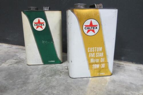 CALTEX: Two 'Caltex' oil cans. Gold and green stripes.