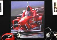 An impressive and large painting featuring Michael Schumacher in his 1996 Ferrari F1 car by Steve Park, oil on canvas,148.5cm high, 134cm wide, framed