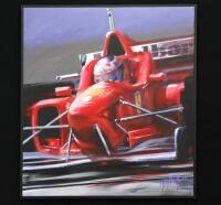 An impressive and large painting featuring Michael Schumacher in his 1996 Ferrari F1 car by Steve Park, oil on canvas,148.5cm high, 134cm wide, framed - 2