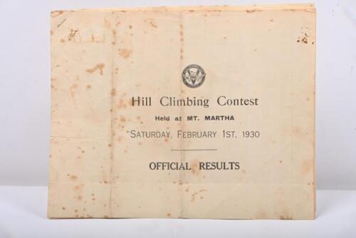 MT.MARTHA: An original copy of 'Hill Climbing Contest Held at MT.MARTHA, SATURDAY, FEBRUARY 1st, 1930 - OFFICIAL RESULTS'