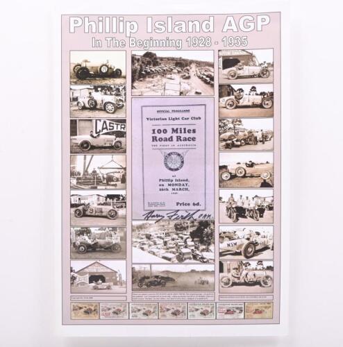 PHILLIP ISLAND: A picture collage depicting 'Phillip Island AGP - In The Beginning 1928 - 1935' with various pictures of participant cars and other local scenes. Harry Firth signature