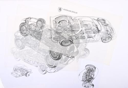 ITALIAN: A quantity of A3 cutaway printed diagrams featuring Italian racing cars. Ferrari 250LM, 1957 Ferrari 290/335 Mille Miglia, 1962 Maserati "BIRDCAGE" TIPO 64 - Prints after original illustrations (Updated Description)