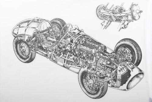 FERRARI: A large printed cut-away diagram of a 1951-1953 Ferrari 500 F2 after illustration&nbsp;by Giovanni Cavara, printed on thick translucent drafting paper (Updated Description)