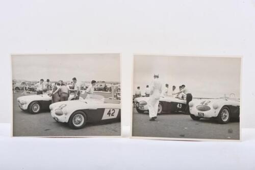 AUSTIN HEALEY: Two black and white reproduced pictures of the Austin Healey 100 S Sports of Ron Phillips (Chassis No: AHS. 3906) and Doug Whiteford (Chassis No: 3907)