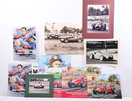 REG HUNT: A collection of Reg Hunt pictures racing Maserati 250 F's including s/n 2516. Reg Hunt signature