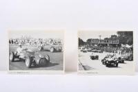 BRABHAM: Two glossy MOTOR SPORT "ALBUM" Series black and white picture cards. MOTOR SPORT "ALBUM" Series No.2 - "FAMOUS NAMES" - picture of Sir Jack Brabham racing a Cooper Bristol leading Lex Davison in a H.W.M. Jaguar. Front of picture card signed by Si