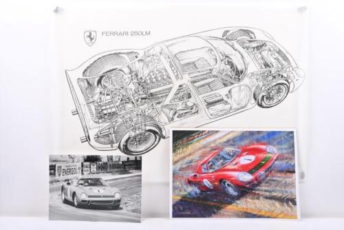 FERRARI: Three pictures/diagram featuring the Ferrari 250LM. Greg McNeill print of Spencer Martin driving a Ferrari 250LM, Longford, Tasmania 1965