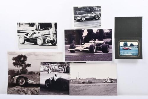 RACING IMAGES: An ensemble of predominantly black and white re-printed photographs from various motor sport events. Pictures of Maserati 250F of Reg Hunt, the 1955 Cooper T40 Bristol of Sir Jack Brabham in front of the Maybach Mk. 3 of Stan Jones, the Fer
