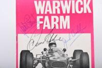1967 AGP: A 'Sunday, February 19, 1967 WARWICK FARM, 32nd AUSTRALIAN GRAND PRIX' Official Programme. Front cover signed by Sir Jack Brabham, Denis Hulme & Jackie Stewart - 2