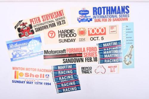 STICKERS/ADHESIVES: A interesting collection of stickers and adhesives from Australian motor sport events. 'HARDIE FERODO 1000, SUNDAY OCT.5', REPCO RELIABILITY TRIAL AUG 79' stickers