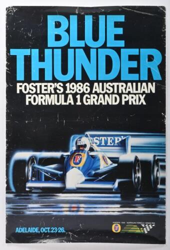 1986 AGP: A group of items relating to the 1986 Foster's Australian Grand Prix. BLUE THUNDER, FOSTER'S 1986 AUSTRALIAN FORMULA 1 GRAND PRIX. ADELAIDE, OCT.23-26' stickers & three 'BLUE THUNDER, FOSTER'S AUSTRALIAN GRAND PRIX' cloth badges