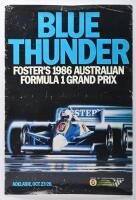 1986 AGP: A group of items relating to the 1986 Foster's Australian Grand Prix. BLUE THUNDER, FOSTER'S 1986 AUSTRALIAN FORMULA 1 GRAND PRIX. ADELAIDE, OCT.23-26' stickers & three 'BLUE THUNDER, FOSTER'S AUSTRALIAN GRAND PRIX' cloth badges