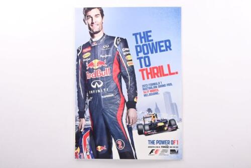 2013 AGP: A smaller Australian Grand Prix laminated promotional poster - THE POWER TO THRILL., 2013 FORMULA 1 AUSTRALIAN GRAND PRIX. 14-17 MARCH. MELBOURNE.'