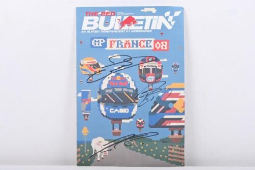 FORMULA 1: A June 20 2008, Issue 216, of 'THE RED BULLETIN'. Front cover signed by Rubens Barrichello, David Coulthard & Kimi Raikkonen