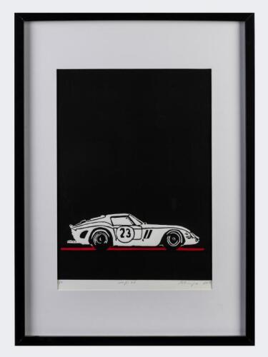 FERRARI: A black and white woodblock print of a Ferrari 250 GTO - 'comp.62'- by Michelle Mantsio. One of 50