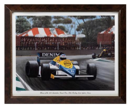 ROSBERG: A print after the original by Eric Irvine titled - 'Winner of the 1985 Australian Grand Prix, Keke Rosberg, leads Ayrton Senna'. Hand numbered 67/1000