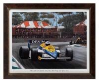 ROSBERG: A print after the original by Eric Irvine titled - 'Winner of the 1985 Australian Grand Prix, Keke Rosberg, leads Ayrton Senna'. Hand numbered 67/1000