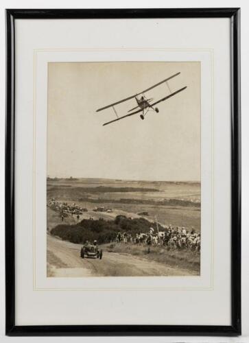 AUSTRALIAN RACING: Three framed and glazed reproduced black and white pictures featuring Australian motor racing images from the 1930's/1940's. Image of Type 39 Bugatti being chased by a bi-plane at Phillip Island