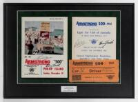 BOB JANE/ HARRY FIRTH: A framed original LCCA Souvenir Programme and General Supplementary Regulations, Appendices and Entry Form booklet from the 1961 Armstrong 500 signed by Bob Jane and Harry Firth. Harry Firth's original armband