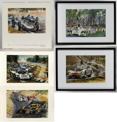 GOTSCHKE: Five items related Porsche and the artist Walter Gotschke. Prints & 1988 Porsche Calendar signed Jeff and Gay Dutton