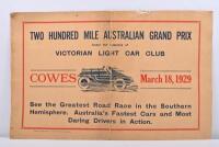 PHIILIP ISLAND: A very rare 'TWO HUNDRED MILE AUSTRALIAN GRAND PRIX, COWES, March 18, 1929' original promotional poster on thick card, 51cm wide, 32cm high overall