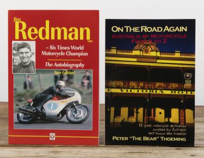 MOTORCYCLING/RACING: Two softcover books detailing motor cycling stories and racing. 'ON THE ROAD AGAIN - AUSTRALIA BY MOTORCYCLE FROM A TO Z' by Peter "THE BEAR" Thoeming