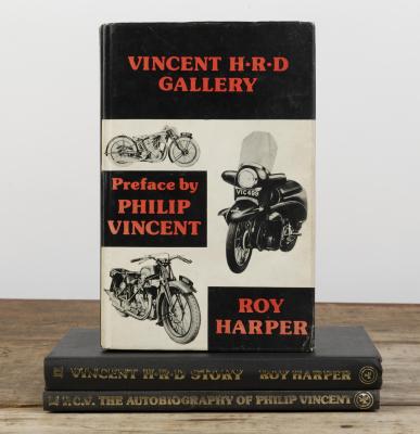 VINCENT: Three hardcover books detailing Vincent. 'VINCENT H.R.D GALLERY (I)' by Roy Harper, 'VINCENT H.R.D STORY (II)' by Roy Harper & 'P.C.V. THE AUTOBIOGRAPHY OF PHILIP VINCENT (III)'