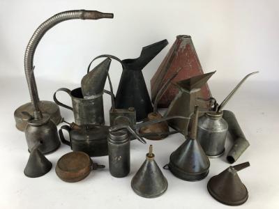 GARAGENALIA: A large collection of old metal oiling cans, oil pourers and funnels