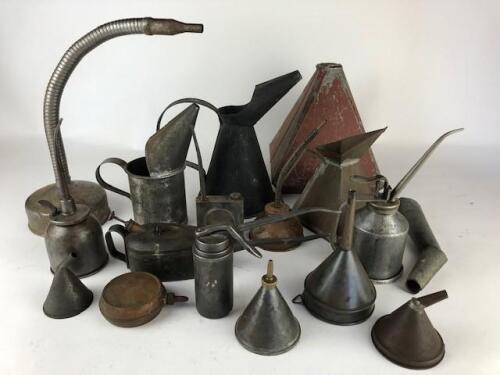 GARAGENALIA:&nbsp;A large collection of old metal oiling cans, oil pourers and funnels