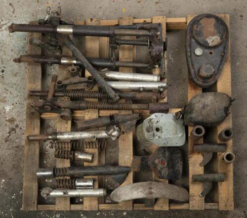 FORKS: A collection of forks and springs for British bikes, mainly 1960s, together with tinware
