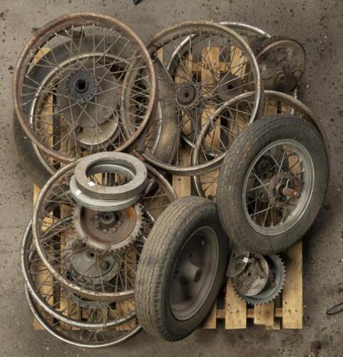 WHEELS: A large group of various wheels, some sidecar, plus hubs and sprocket