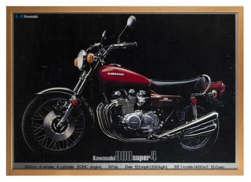 KAWASAKI: A very large original Kawasaki 900 super 4 colour poster, framed 151 cm high, 108cm wide overall