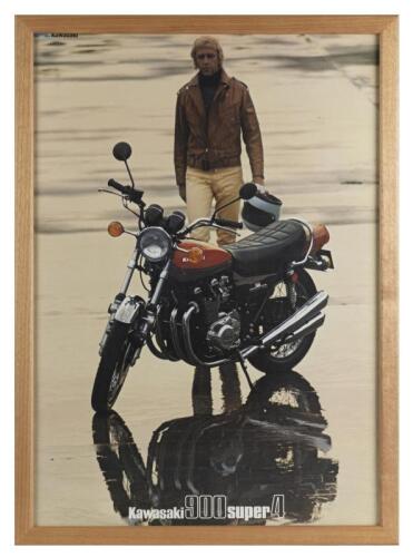 KAWASAKI: A large original 1970's Kawasaki 900 super 4 colour poster, framed 79cm wide, 109cm high overall