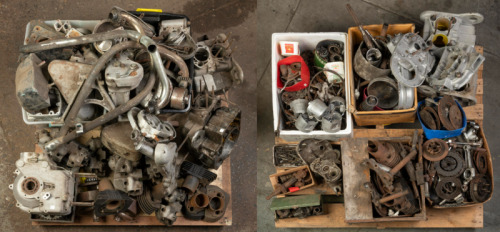 ROYAL ENFIELD: A large collection on two pallets of Royal Enfield&nbsp;parts believed to be mainly from a 700 and Constellation models, including crankcases, cylinders, heads, flywheels, gearboxes etc