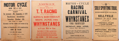 NSW MOTORCYCLING:&nbsp; Four reproduction Motorcycling event posters mounted on board, relating to early NSW events including 'Solo sporting trial at Kellyville Sunday 7th of July 1946'&nbsp;