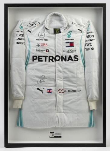 HAMILTON: A replica 2019 AMG PETRONAS Official Licensed Race race suit signed by Lewis Hamilton