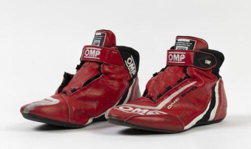 COULTHARD: A pair of red OMP 'ONE EVO' racing boots as worn by Fabian Coulthard during the 2017 Virgin Australia Supercars Championship for DJR Team Penske, Shell V-Power Racing Team. CoA hand signed by Dick Johnson & Dr Ryan Story