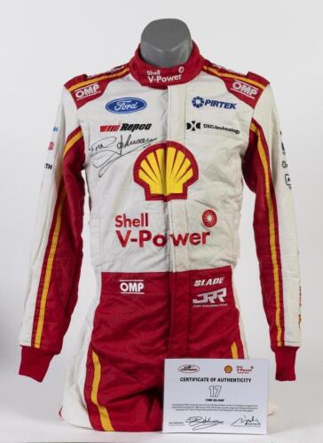 SLADE: A OMP racing suit as worn by Tim Slade during the 2020 Virgin Australia Supercars Championship for DJR Team Penske, Shell V-Power Racing Team. Suit signed by Dick Johnson to front. CoA