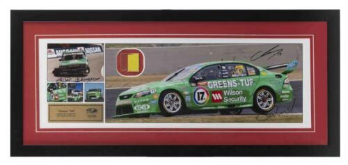 MOSTERT/WOOD: A Limited Edition picture collage by Retro Livery Series featuring DICK JOHNSON RACING "Greens' Tuff" Ford Falcons. Collage signed by Dick Johnson, Chaz Mostert & Dale Wood. Numbered B of 17/17