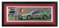 MOSTERT/WOOD: A Limited Edition picture collage by Retro Livery Series featuring DICK JOHNSON RACING "Greens' Tuff" Ford Falcons. Collage signed by Dick Johnson, Chaz Mostert & Dale Wood. Numbered B of 17/17
