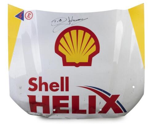 FALCON FGX: A Shell Helix Ford Falcon FG X front bonnet signed by Dick Johnson in black marker. CoA hand signed by Dick Johnson & Dr Ryan Story